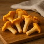 Finferli dorati con cappelli a trombetta su tagliere di legno, sfondo cucina sfocato