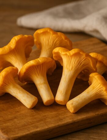 Finferli dorati con cappelli a trombetta su tagliere di legno, sfondo cucina sfocato