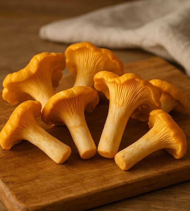 Finferli dorati con cappelli a trombetta su tagliere di legno, sfondo cucina sfocato