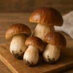 Quattro funghi porcini con cappelli marroni e gambi chiari su tagliere rustico