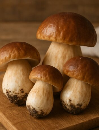 Quattro funghi porcini con cappelli marroni e gambi chiari su tagliere rustico