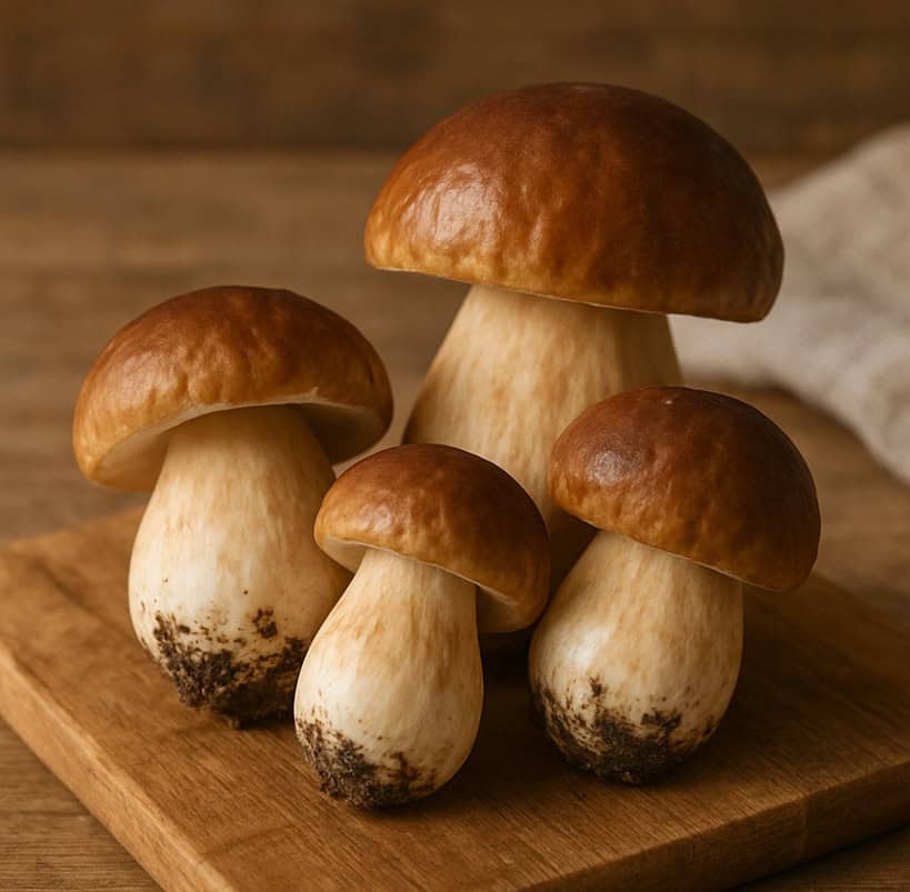 Quattro funghi porcini con cappelli marroni e gambi chiari su tagliere rustico