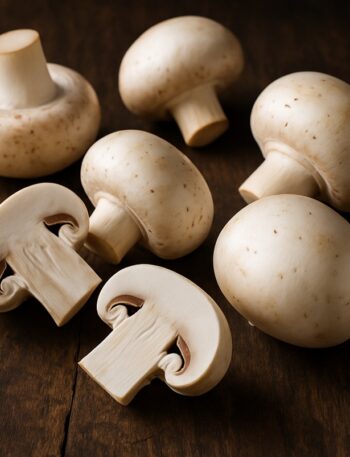 Funghi prataioli bianchi interi e a metà disposti su tavolo in legno scuro