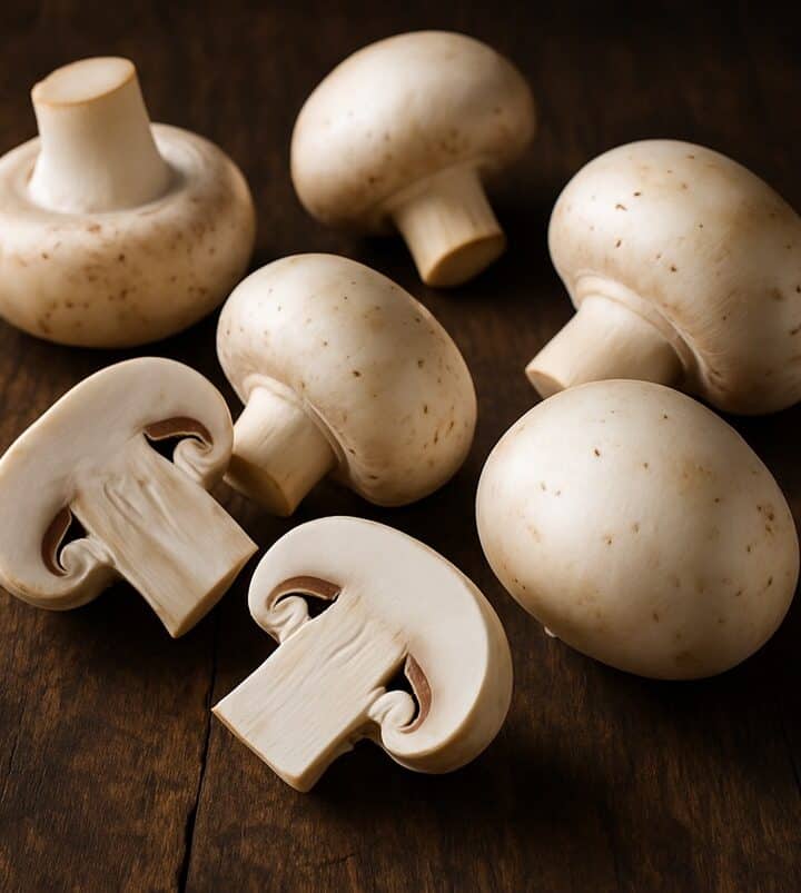 Funghi prataioli bianchi interi e a metà disposti su tavolo in legno scuro