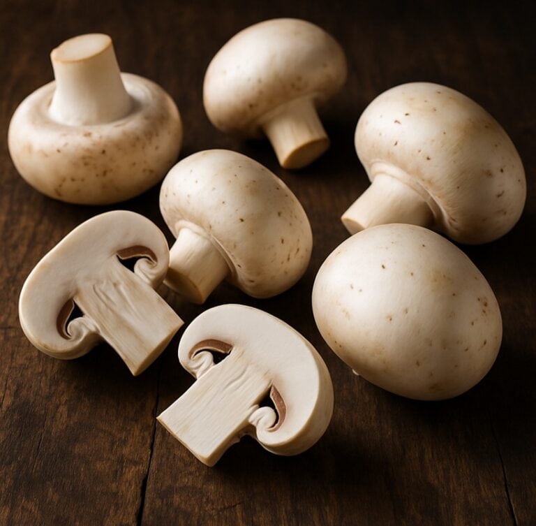 Funghi prataioli bianchi interi e a metà disposti su tavolo in legno scuro
