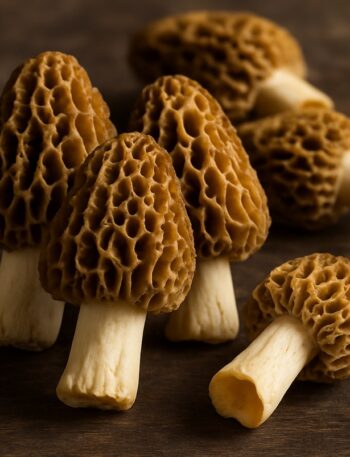 Spugnole con cappelli alveolati marroni e gambi chiari disposte su tavolo in legno