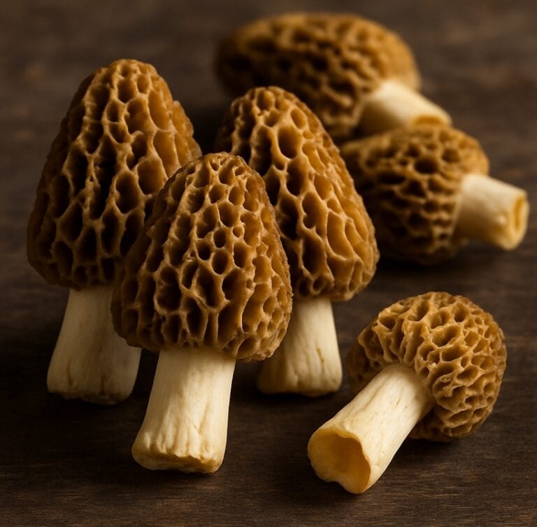 Spugnole con cappelli alveolati marroni e gambi chiari disposte su tavolo in legno