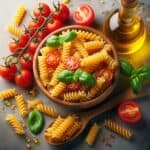 Fusilli freschi, elegantemente disposti su una superficie chiara.