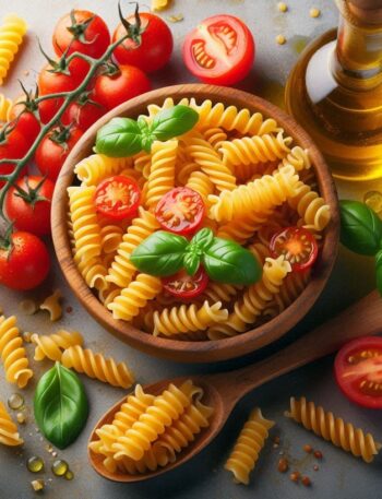 Fusilli freschi, elegantemente disposti su una superficie chiara.