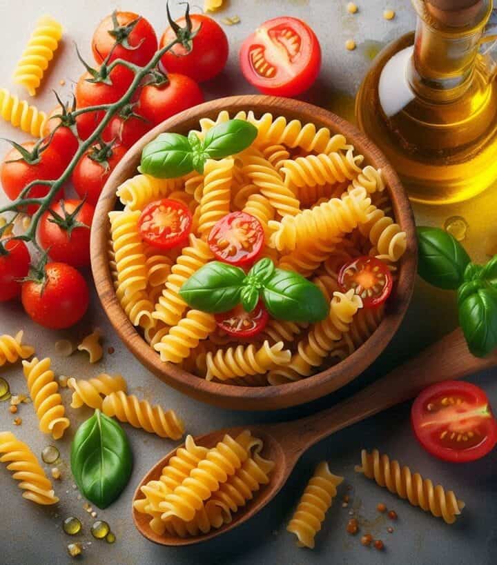Fusilli freschi, elegantemente disposti su una superficie chiara.