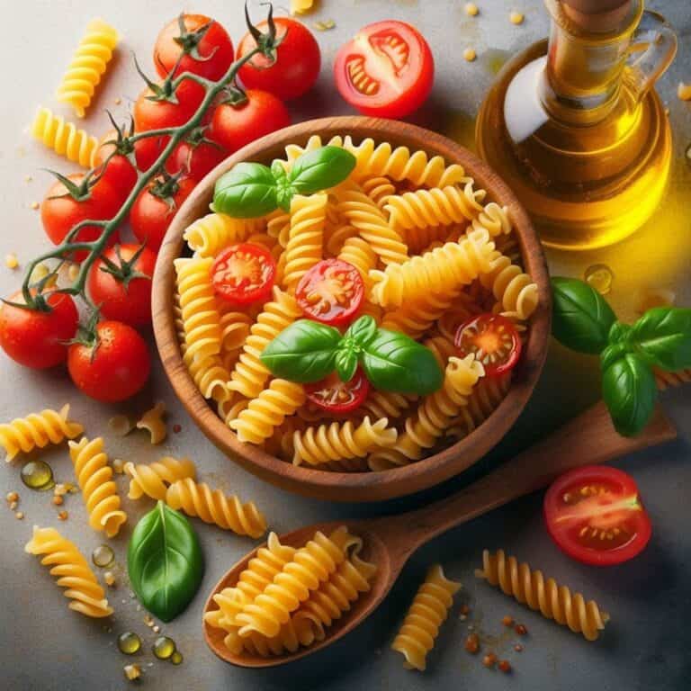 Fusilli freschi, elegantemente disposti su una superficie chiara.