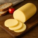 Formaggio Galbanino intero e affettato su tagliere con pane e pomodoro