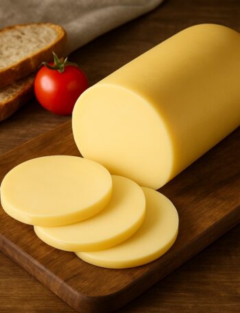 Formaggio Galbanino intero e affettato su tagliere con pane e pomodoro