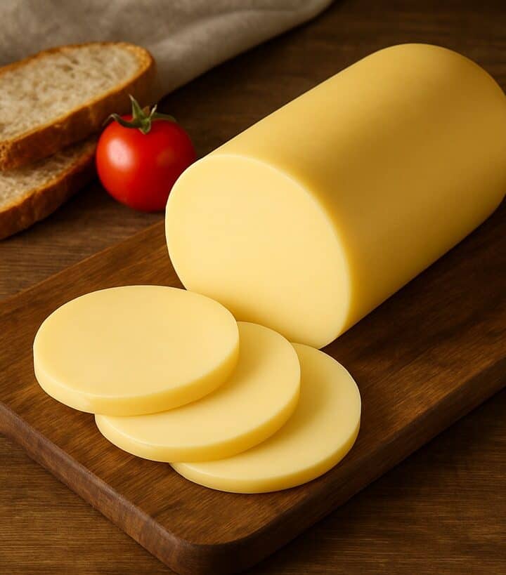 Formaggio Galbanino intero e affettato su tagliere con pane e pomodoro