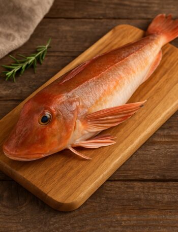 Gallinella di mare intera cruda su tagliere di legno con rametto di rosmarino