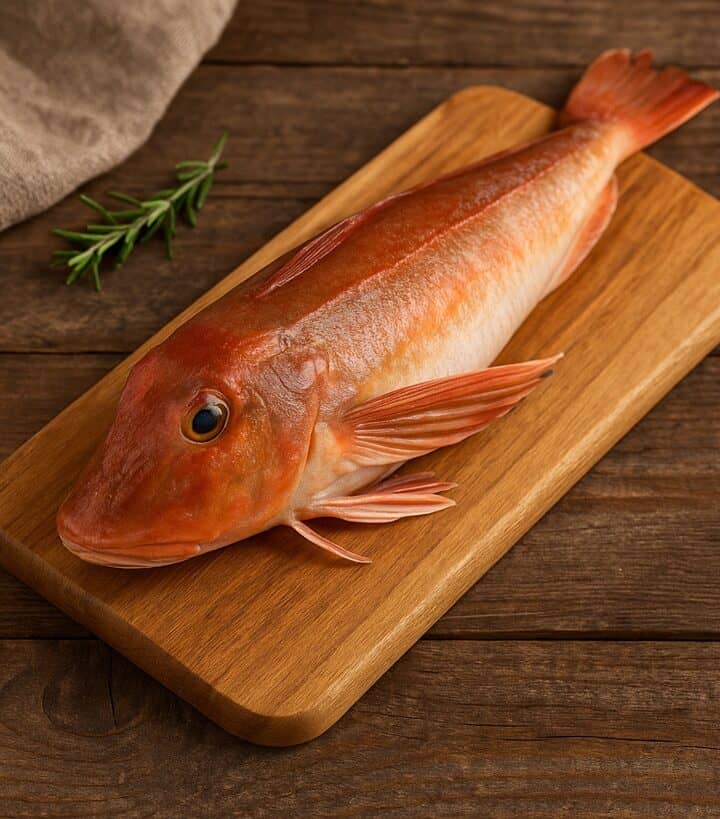 Gallinella di mare intera cruda su tagliere di legno con rametto di rosmarino