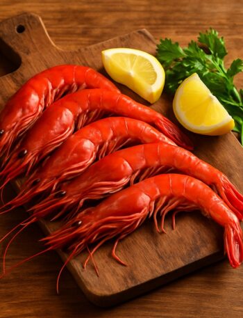 Gamberi crudi dal guscio rosso vivo su tagliere con fette di limone e foglie di prezzemolo