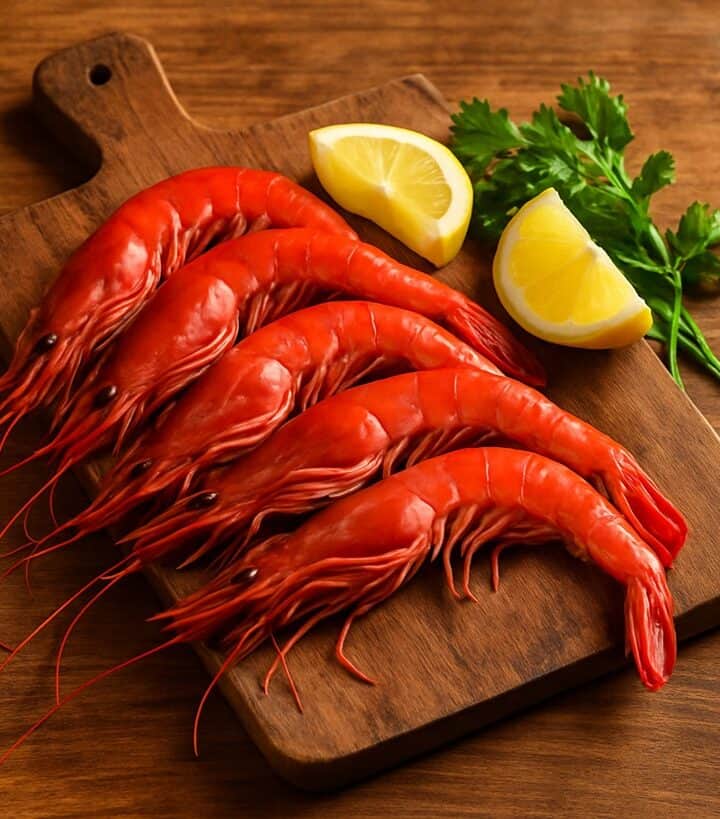Gamberi crudi dal guscio rosso vivo su tagliere con fette di limone e foglie di prezzemolo