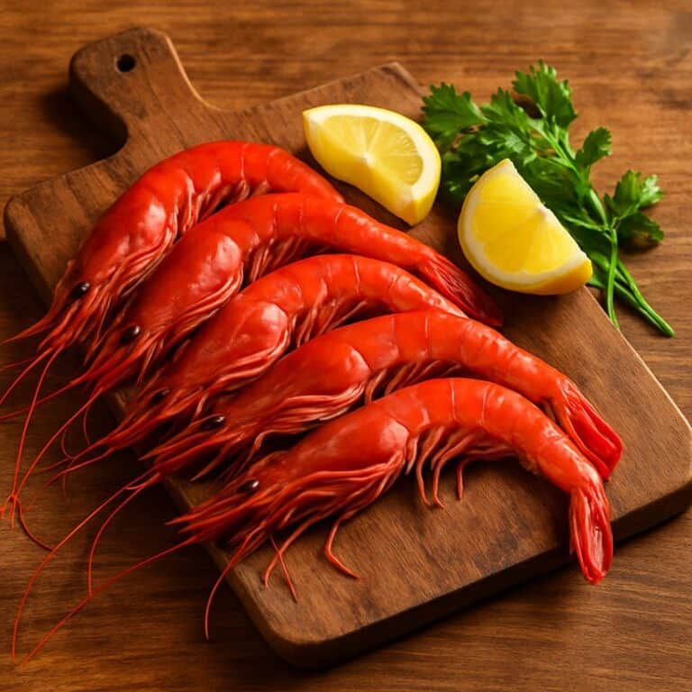 Gamberi crudi dal guscio rosso vivo su tagliere con fette di limone e foglie di prezzemolo