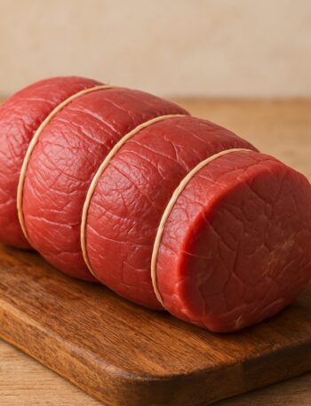 Girello di manzo crudo avvolto con spago da cucina su fondo chiaro