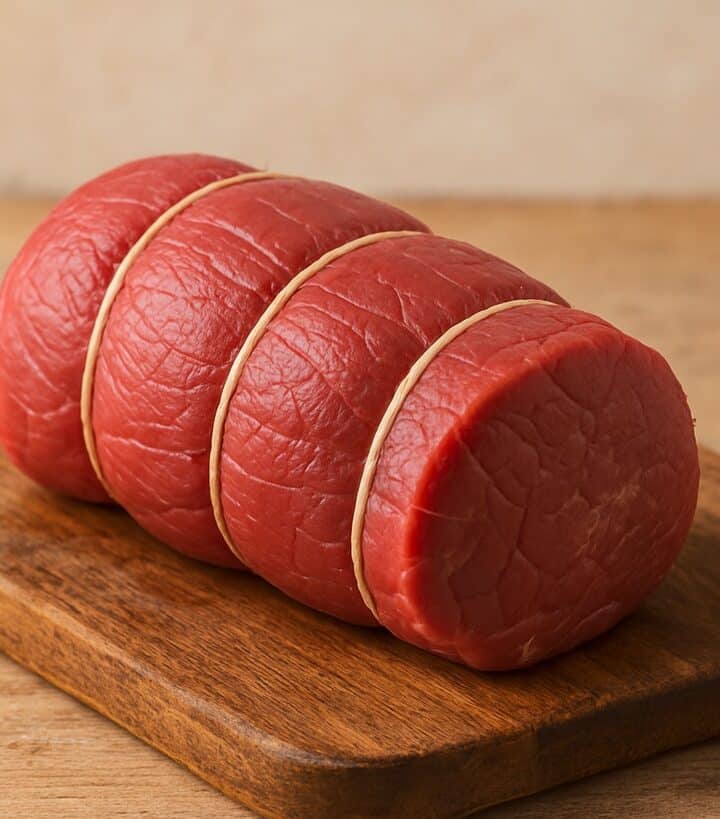 Girello di manzo crudo avvolto con spago da cucina su fondo chiaro