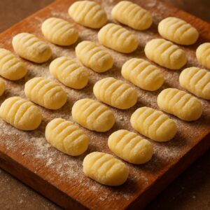 Gnocchi di patate disposti ordinatamente su tagliere rustico infarinato