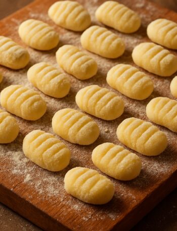 Gnocchi di patate disposti ordinatamente su tagliere rustico infarinato