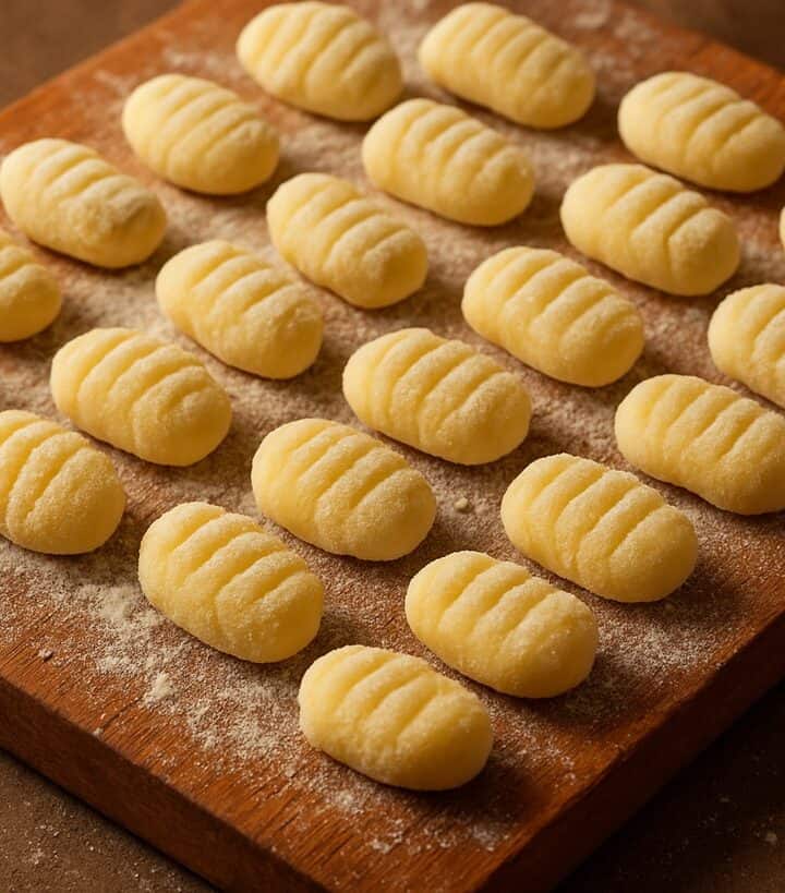 Gnocchi di patate disposti ordinatamente su tagliere rustico infarinato