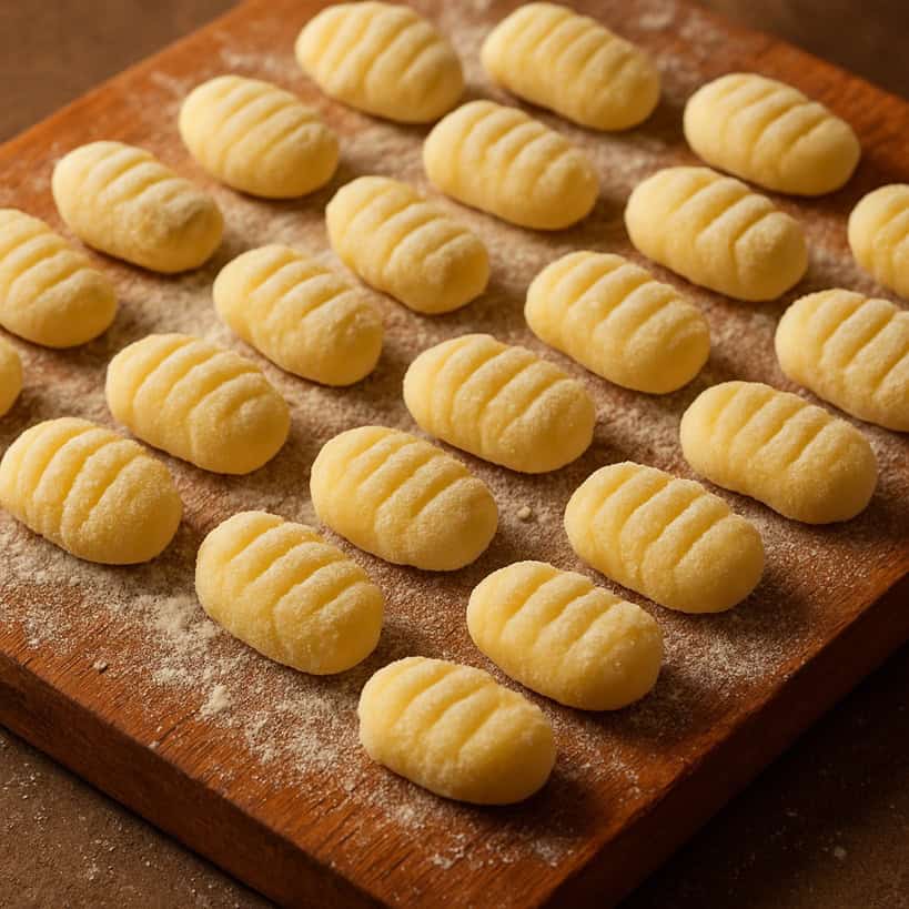 Gnocchi di patate disposti ordinatamente su tagliere rustico infarinato