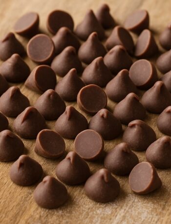 Gocce di cioccolato fondente sparse su un tagliere in legno naturale
