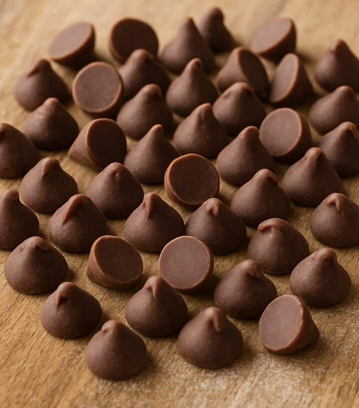 Gocce di cioccolato fondente sparse su un tagliere in legno naturale
