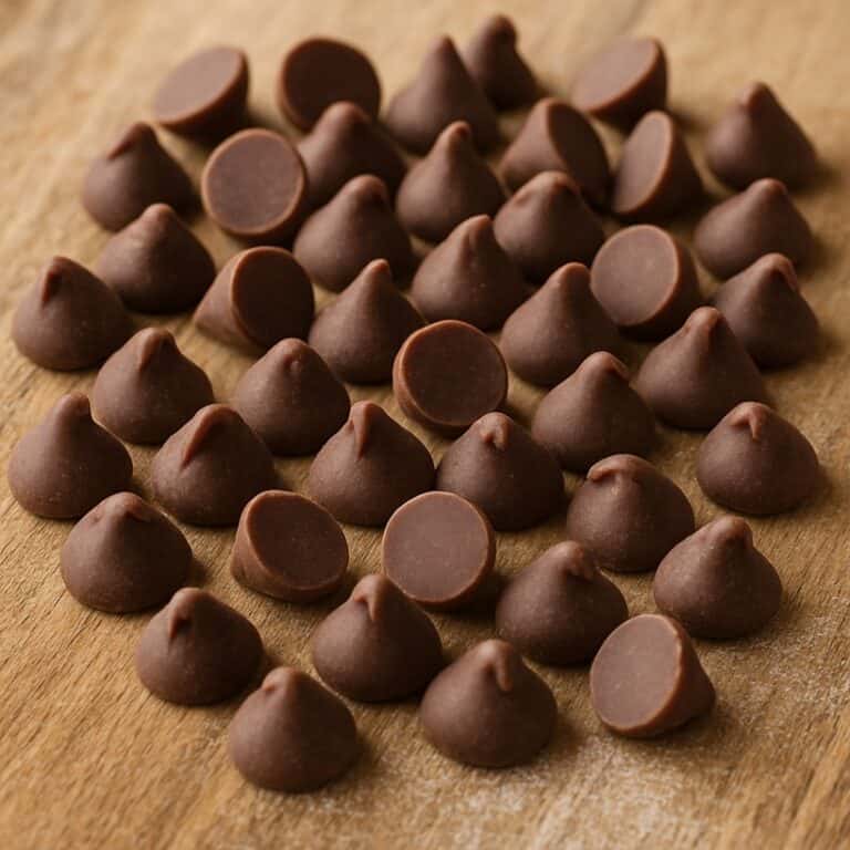 Gocce di cioccolato fondente sparse su un tagliere in legno naturale