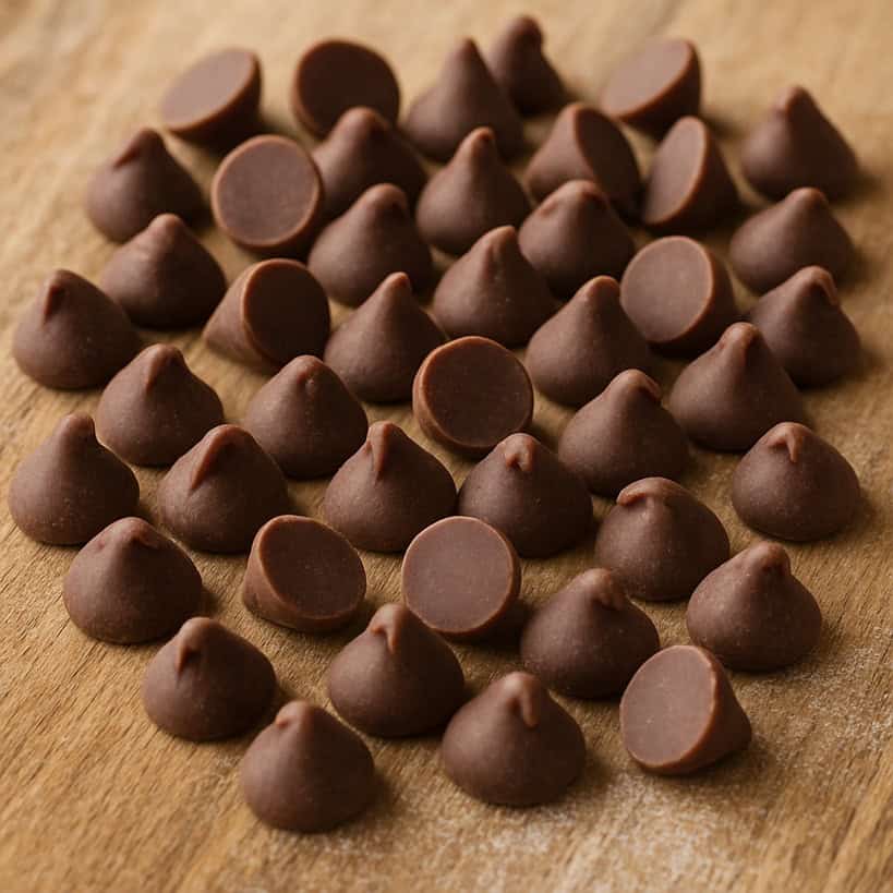 Gocce di cioccolato fondente sparse su un tagliere in legno naturale