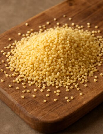 Mucchio di granuli dorati di lecitina di soia distribuiti su un tagliere di legno naturale