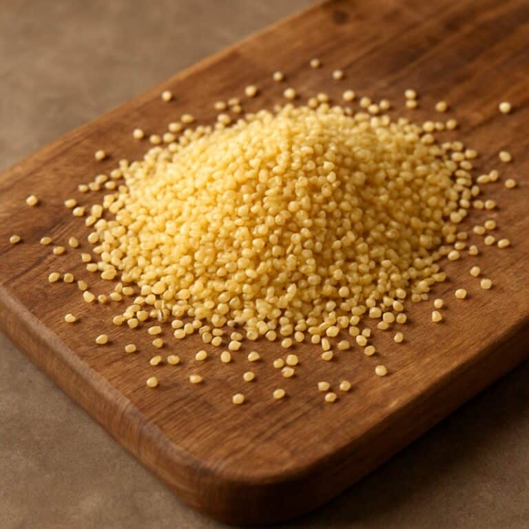 Mucchio di granuli dorati di lecitina di soia distribuiti su un tagliere di legno naturale