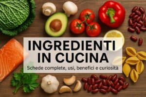 Assortimento di ingredienti freschi con scritta “Ingredienti in cucina” su sfondo in legno