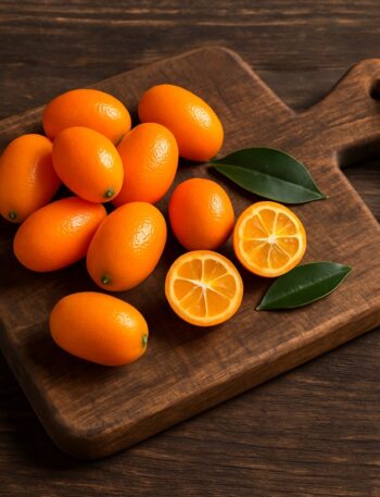 Kumquat interi e tagliati appoggiati su un tagliere in legno naturale