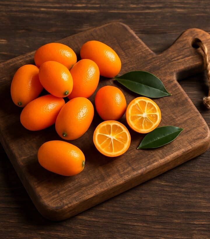 Kumquat interi e tagliati appoggiati su un tagliere in legno naturale