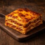 Porzione di lasagne al forno dorate, su tagliere in legno rustico