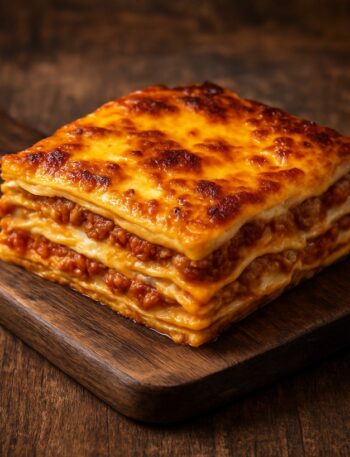 Porzione di lasagne al forno dorate, su tagliere in legno rustico