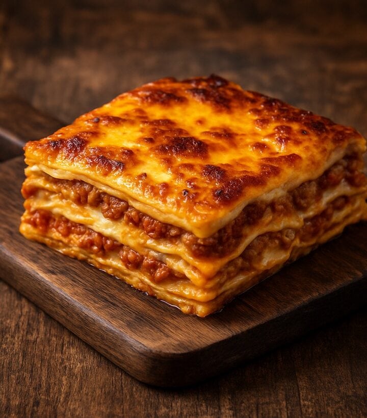 Porzione di lasagne al forno dorate, su tagliere in legno rustico