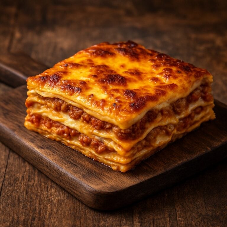 Porzione di lasagne al forno dorate, su tagliere in legno rustico