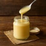 Barattolo aperto di vetro riempito di latte condensato cremoso, su tavolo in legno rustico
