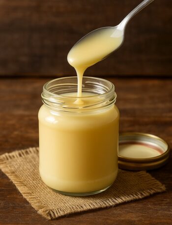 Barattolo aperto di vetro riempito di latte condensato cremoso, su tavolo in legno rustico