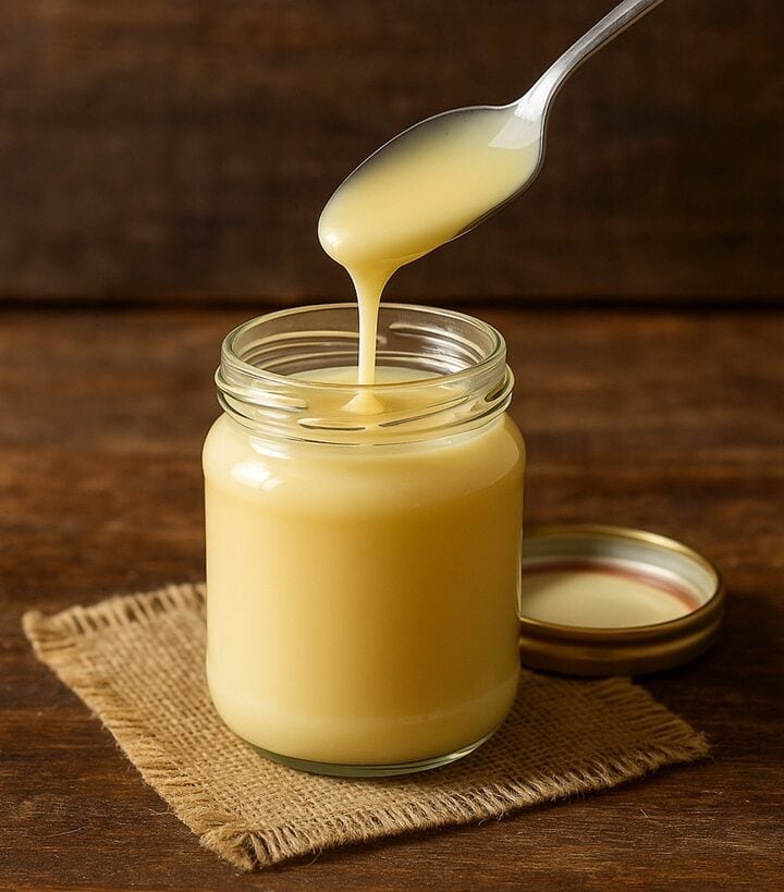 Barattolo aperto di vetro riempito di latte condensato cremoso, su tavolo in legno rustico