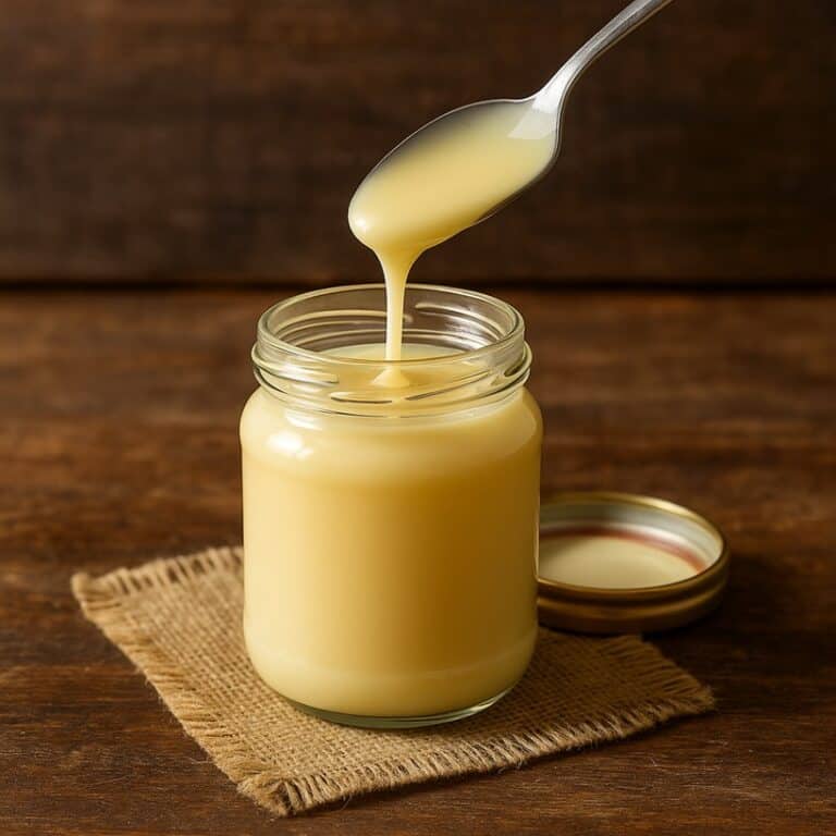 Barattolo aperto di vetro riempito di latte condensato cremoso, su tavolo in legno rustico