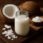 Barattolo di vetro pieno di latte di cocco accanto a metà cocco fresco su tavolo rustico