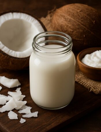 Barattolo di vetro pieno di latte di cocco accanto a metà cocco fresco su tavolo rustico