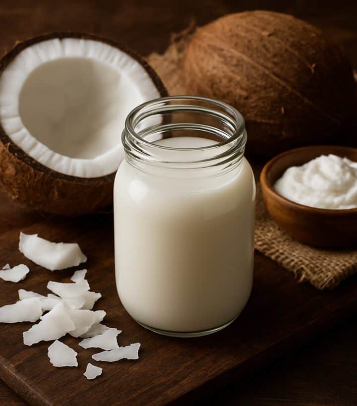 Barattolo di vetro pieno di latte di cocco accanto a metà cocco fresco su tavolo rustico