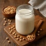 Barattolo trasparente riempito di latte di soia su tavolo in legno naturale